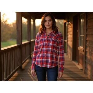 Hollister Red Blue Plaid Button Up‎ Western Shirt Women's Size L cozy winter
